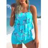 unsigned Coconut Tree Print Layered Hem Cyan Tankini Set