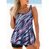 unsigned Contrast Binding Multi Stripe Print Purple Tankini Top