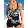 unsigned Criss Cross Tribal Print Black Tankini Top