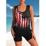 unsigned Criss Cross American Flag Print Black Tankini Top