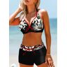 unsigned Contrast Binding Leaf Print Black Bikini Top