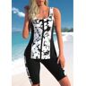 unsigned Zipper Mid Waisted Floral Print Black Tankini Sets