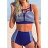 unsigned Stripe Print Navy Blue Cross Strap Bikini Set