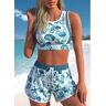 unsigned Quick Drying Dusty Blue Patchwork High Waisted Animal Print Bikini Set