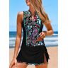 unsigned Zipper Mid Waisted Paisley Print Black Tankini Set