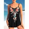 unsigned Bowknot Random Floral Print Black Tankini Top