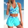 unsigned Criss Cross Floral Print Cyan Bikini Set