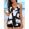 unsigned Criss Cross Graffiti Print Black Tankini Set