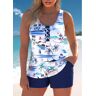 unsigned Bowknot Plants Print Navy Tankini Set