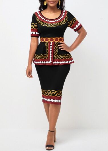 unsigned Tribal Print Round Neck Peplum Waist Black Dress