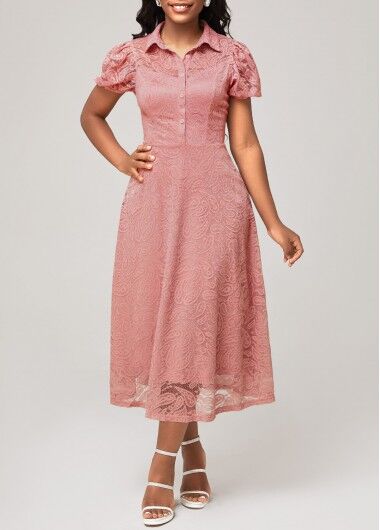 unsigned Short Sleeve Turndown Collar Dusty Pink Lace Dress