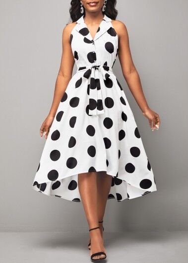 unsigned Turndown Collar Polka Dot Belted White Dress