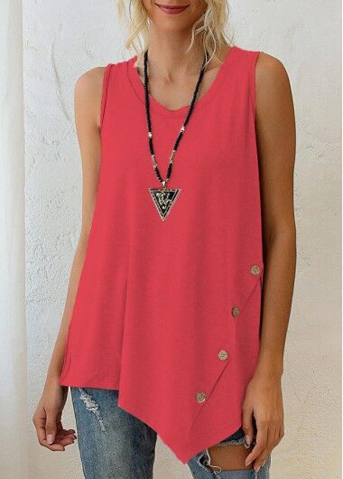 unsigned Coral Red Asymmetric Hem Decorative Button Tank Top
