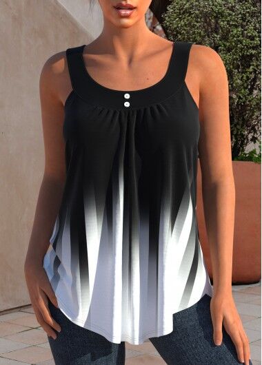 unsigned Ombre Wide Strap Decorative Button Black Tank Top