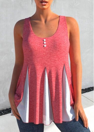 unsigned Decorative Button Pink Contrast Tank Top