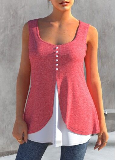 unsigned Pink Faux Two Piece Decorative Button Tank Top