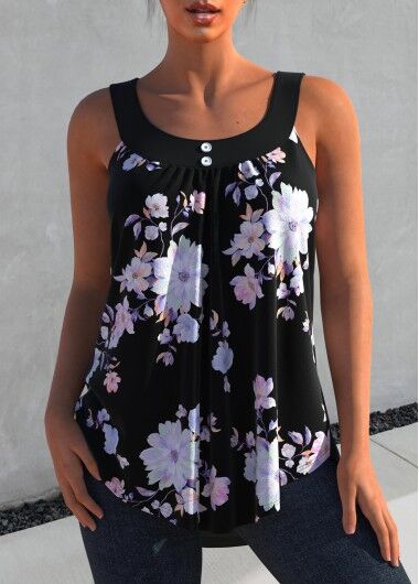 unsigned Floral Print Black Decorative Button Tank Top