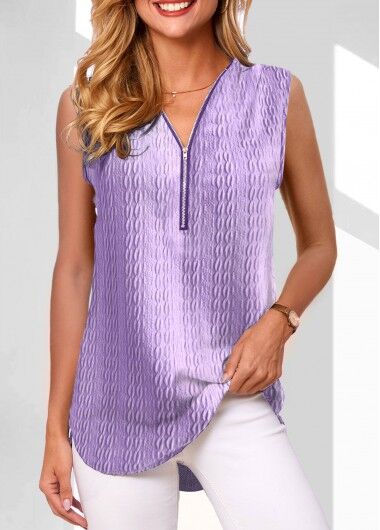 unsigned Purple Zipper V Neck Tank Top