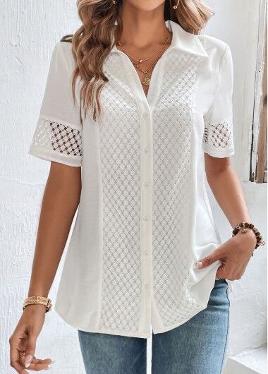 unsigned White Lace Button Up Shirt Collar Blouse