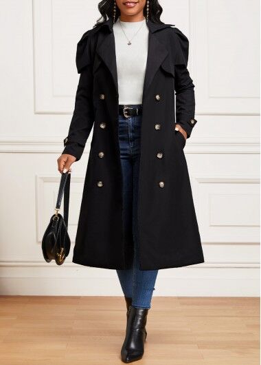 unsigned Black Pocket Long Sleeve Lapel Trench Coat