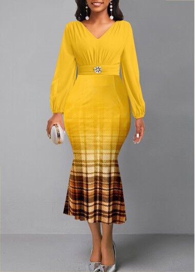 unsigned Yellow Plaid Long Sleeve V Neck Mermaid Dress