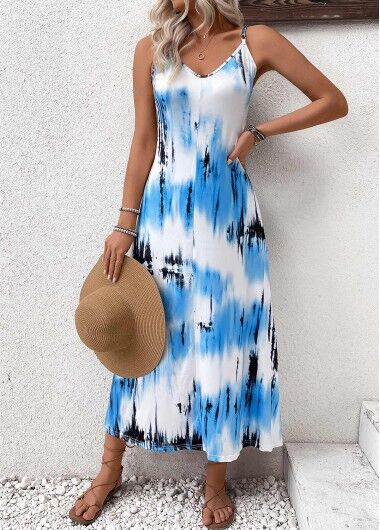 unsigned Sky Blue Lightweight Tie Dye Print Strappy Maxi Dress