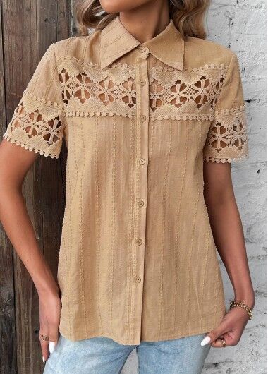 unsigned Light Camel Patchwork Short Sleeve Shirt Collar Blouse