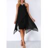 unsigned Embellished Neck Asymmetric Hem Black Chiffon Dress