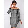 unsigned Houndstooth Print Boat Neck Long Sleeve Dress