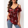 unsigned Strappy Cold Shoulder Floral Print Wine Red T Shirt