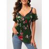 unsigned Strappy Cold Shoulder Floral Print Army Green T Shirt