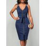 unsigned Zipper Belted Sleeveless Denim Bodycon Dress