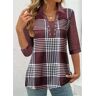 unsigned Shirt Collar Deep Red Eyelet Plaid Blouse