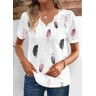 unsigned White Breathable Feathers Print Short Sleeve V Neck Blouse