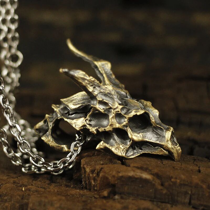 Gthic Dragon Sterling Silver Mens Skull Necklace, Brass / Pendant+Stainless Steel Chain