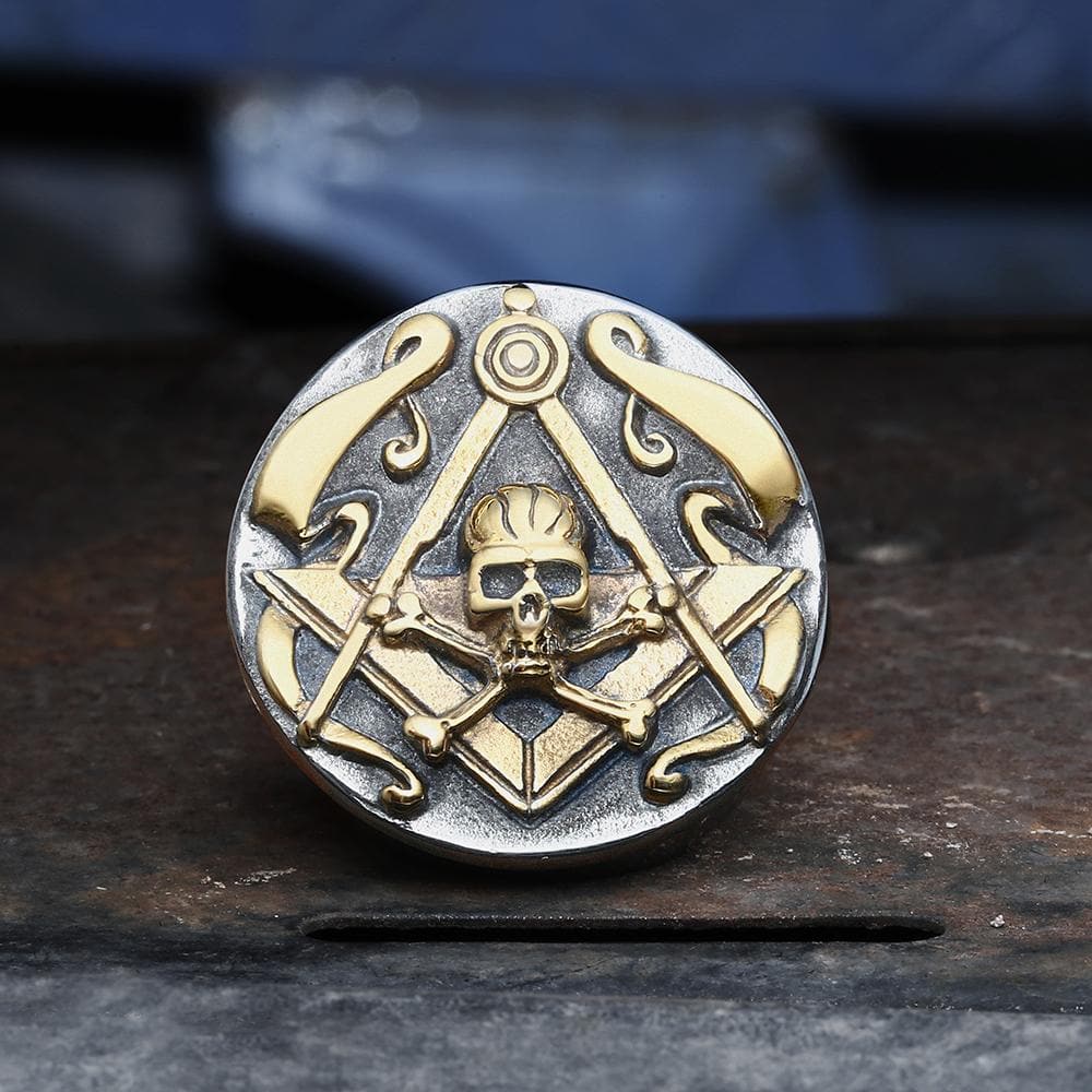 Gthic Freemason Crossbones Stainless Steel Masonic Skull Ring, Silver/Gold / 7