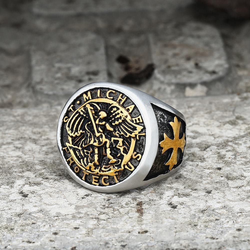 Gthic Guardian Angel Templar Knight Ring, Silver / Gold / 7