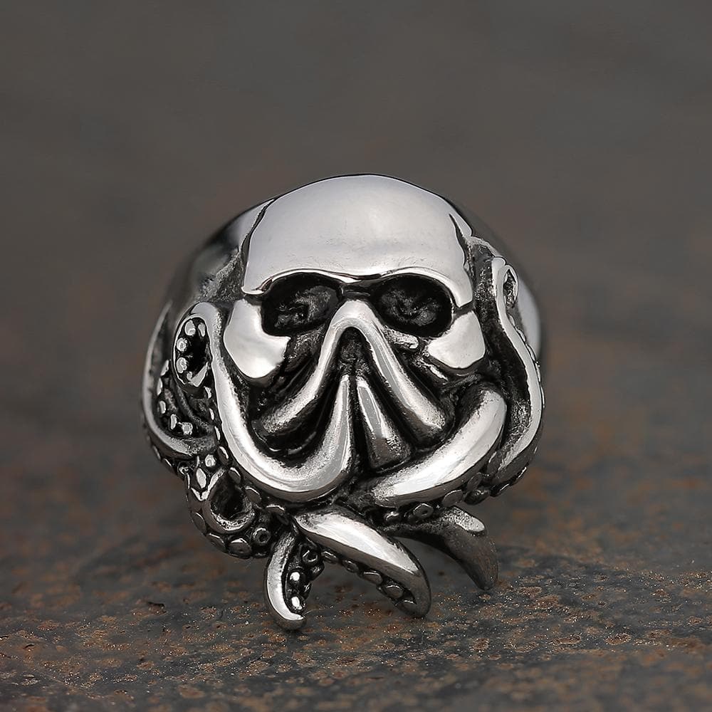 Gthic Octopus Seaman Stainless Steel Skull Ring, Silver / 15.5