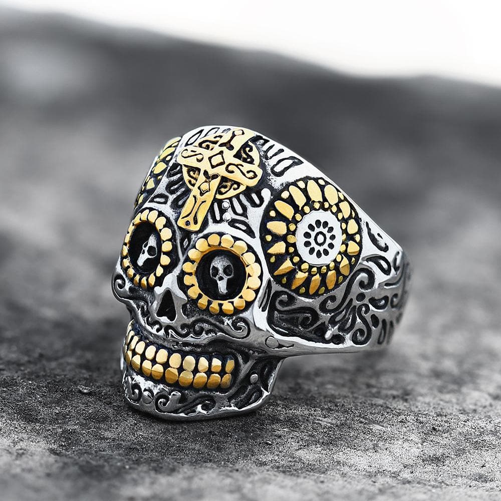 Gthic Vintage Cross Stainless Steel Sugar Skull Ring, Stainless Steel / 8.5