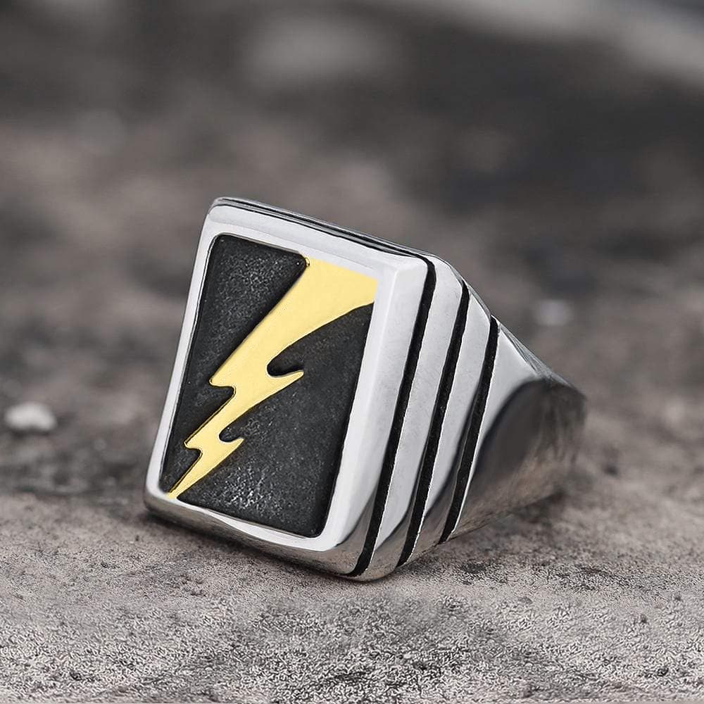 Gthic Lightning Bolt Stainless Steel Ring, Silver / Gold / 7