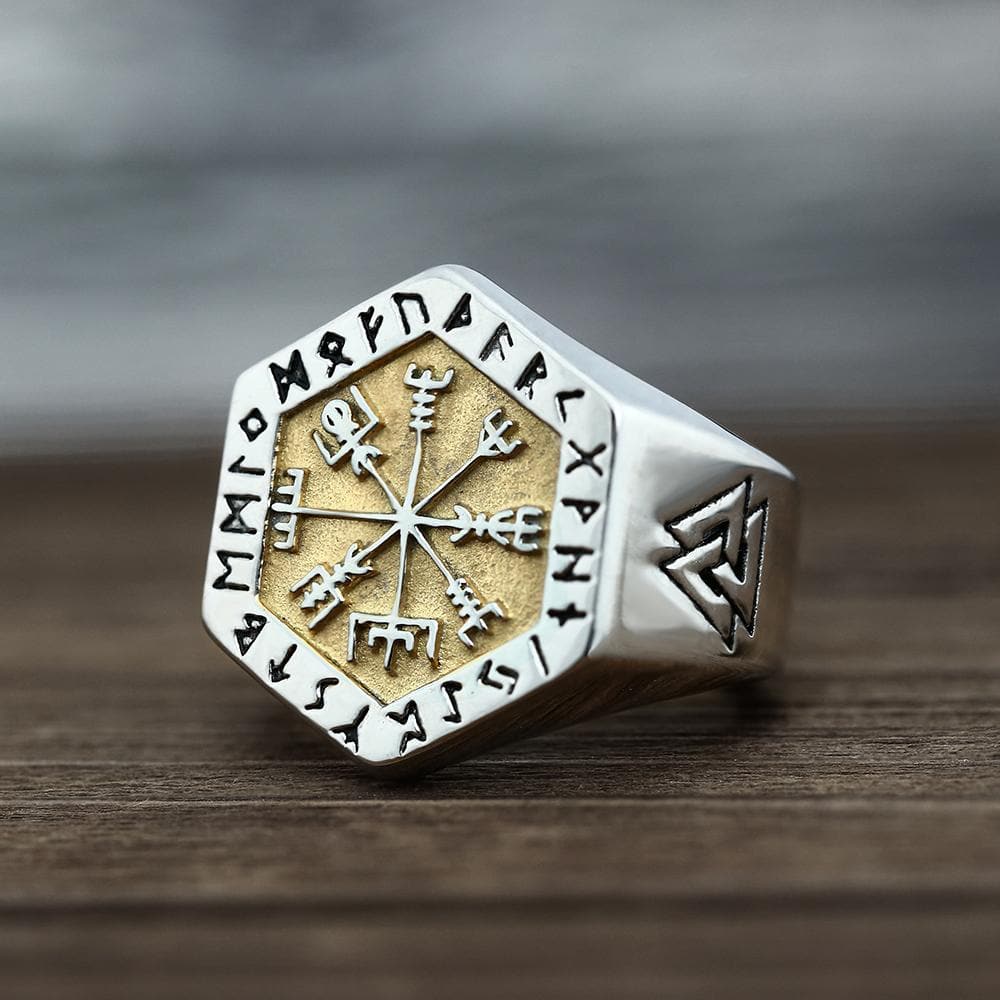 Gthic Valknut Compass Stainless Steel Viking Ring, Silver/Gold / 8.5