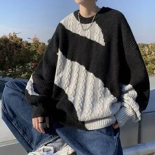 Phoneus Crew Neck Two Tone Cable Knit Sweater  - Mens