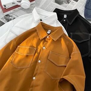 Trimecca Short-Sleeve Collared Plain Shirt  - Mens