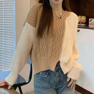 Laeron Crew Neck Two Tone Slit Panel Cable Knit Sweater  - Womens