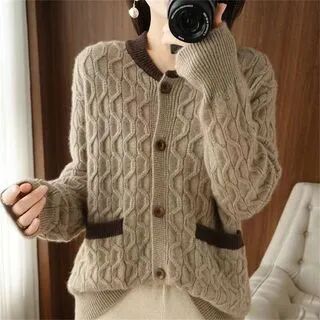 Maple Fair Crew Neck Two Tone Cable Knit Cardigan  - Womens