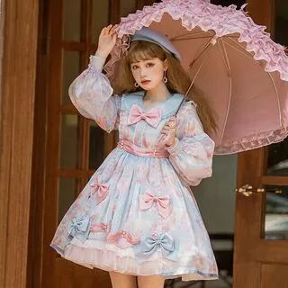 GOGO Girl Puff-Sleeve Floral Print Bow Lolita Dress (Various Designs)  - Womens