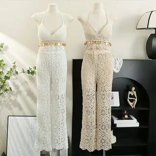 Lemongrass Set: Sequined Crochet-Knit Halter Top + High-Waist Wide-Leg Pants  - Womens