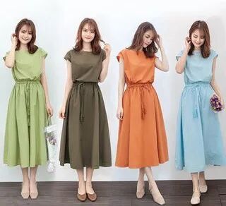 Short-Sleeve Crew Neck Plain Tasseled Linen Midi A-Line Dress  - Womens