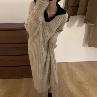Sancus Long-Sleeve V-Neck Collared Two Tone Cable Knit Midi Shift Sweater Dress Beige - One Size  - Womens