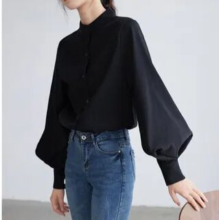 Akino Balloon-Sleeve Long-Sleeve Mandarin-Collar Plain Blouse  - Womens